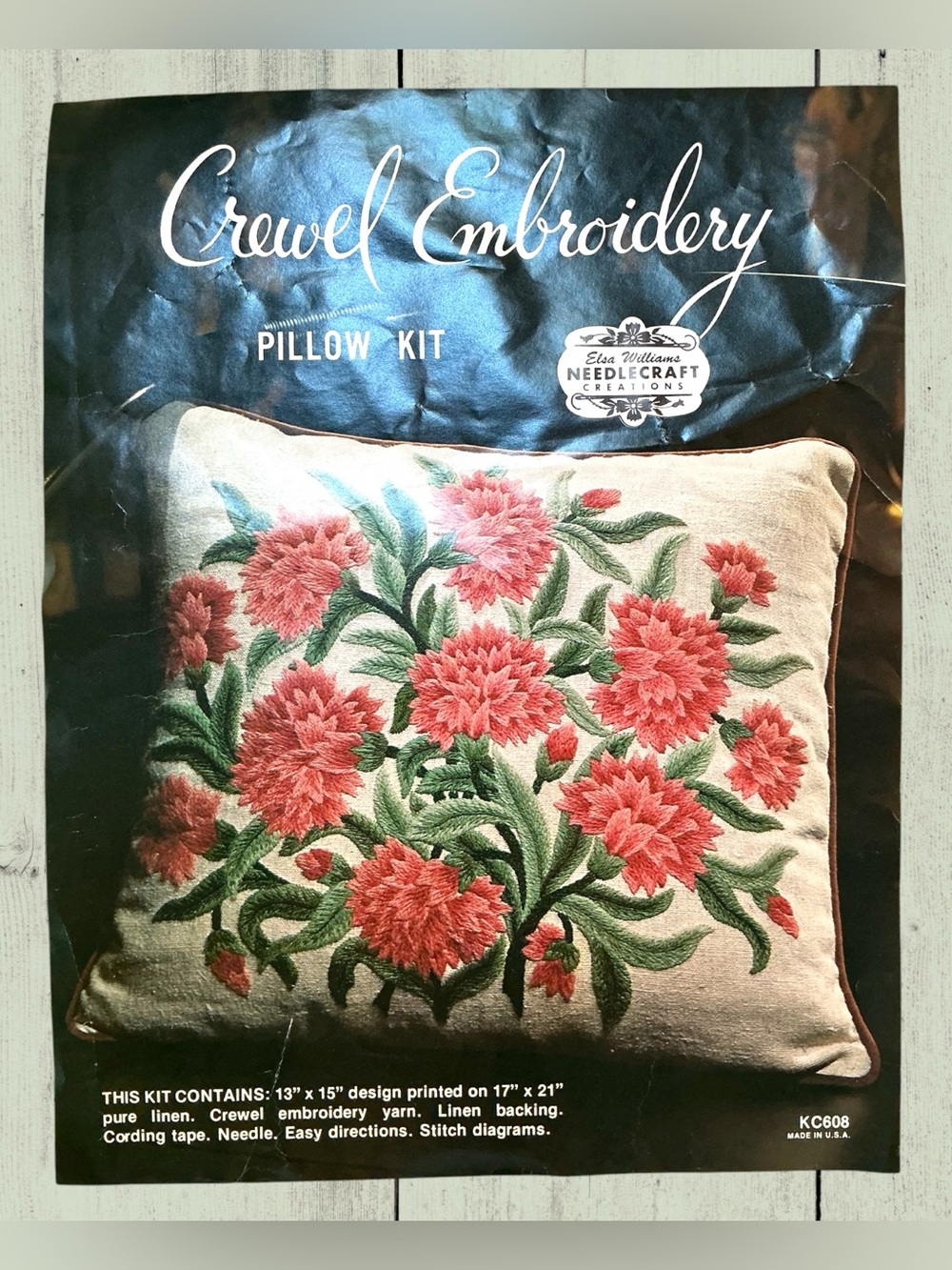Vintage 1990’s Large Lovely Elsa Williams Pillow Kit Carnations Crewel On Linen